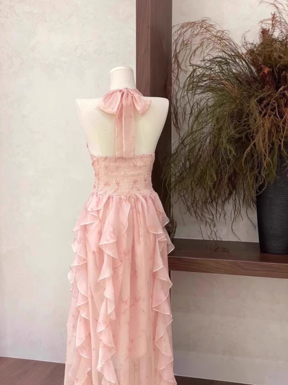 Sexy A Line Halter Ruffled Floral Pink Long Women's Holiday Dresses SD206