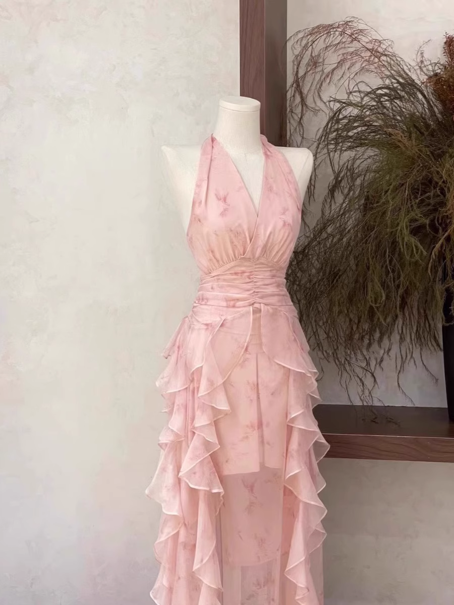 Women's Summer Floral Halter A-Line Dress - Bohemian Cake Dress, Pink, Sizes S-L - View #6