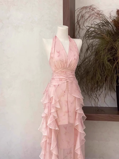 Sexy A Line Halter Ruffled Floral Pink Long Women's Holiday Dresses SD206