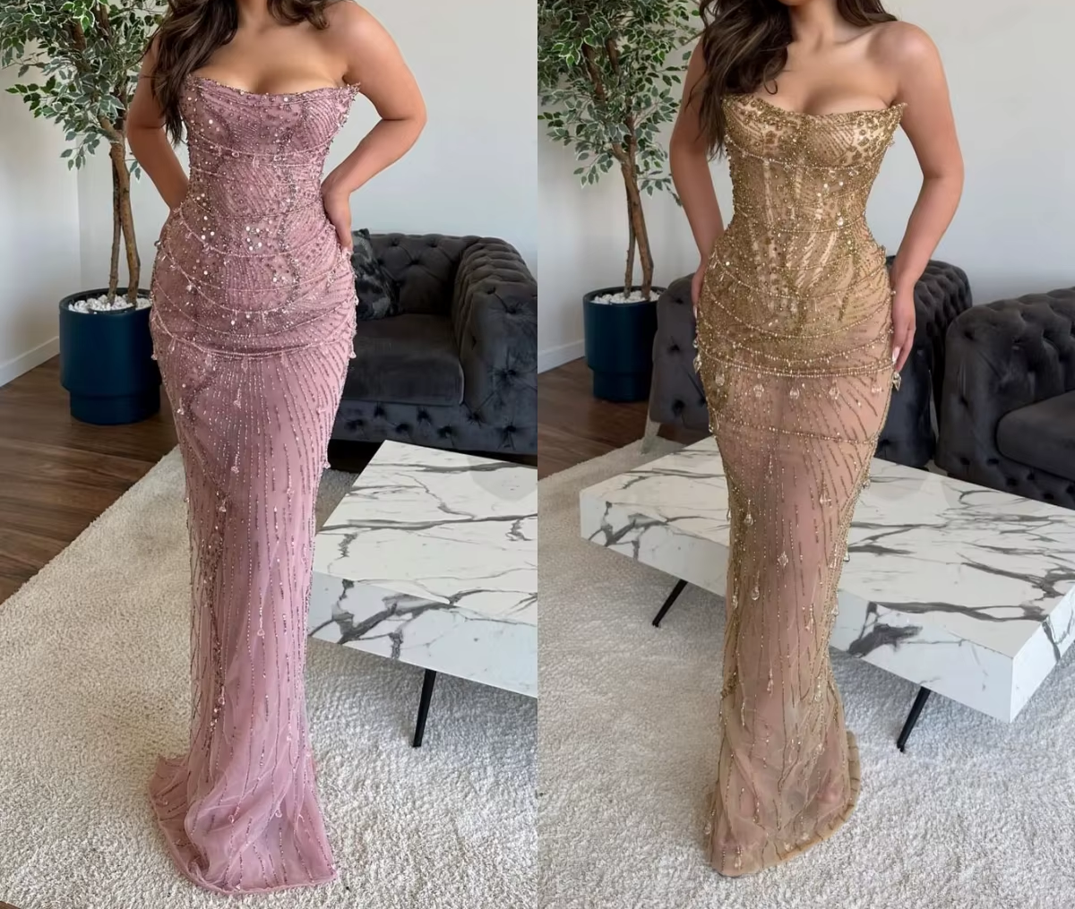 Classy Mermaid Strapless Tulle Pink Long Evening Dress Prom Dresses With Beads SD2073