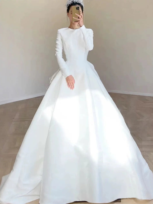 Unique Ball Gown Scoop Neckline Long Sleeves White Satin Wedding Dresses SD2080