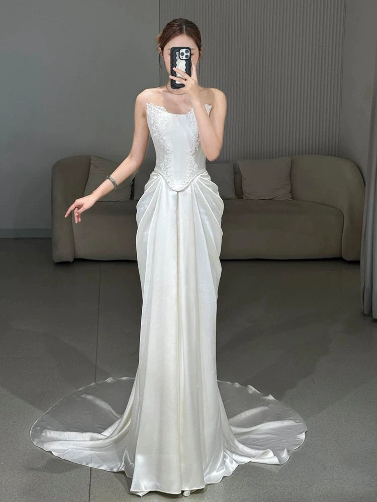 Unique Mermaid Strapless Pleats Long White Satin Lace Wedding Dresses Brides Dress SD2088