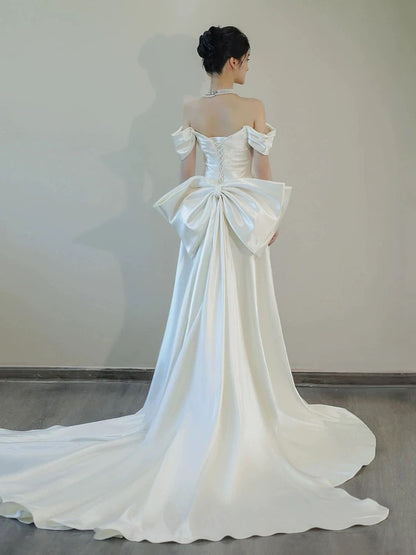 Unique Mermaid Off The Shoulder Pleats Short Sleeves Satin Wedding Dresses SD2089