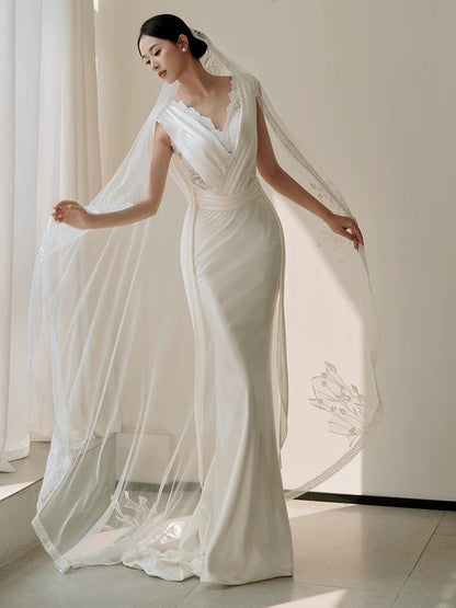 Unique Mermaid V Neckline Lace Pleats White Satin Ruffles Wedding Dresses SD2092