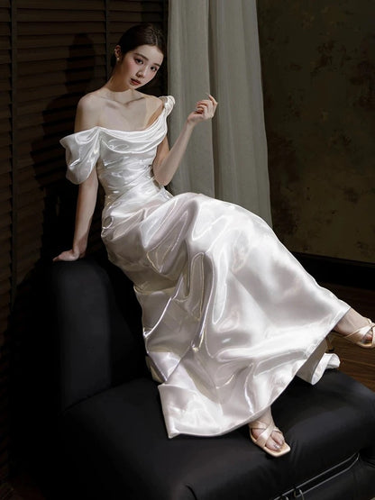 Unique Mermaid Off The Shoulder Pleats Satin Short Sleeves Wedding Dresses Brides Dress SD2098