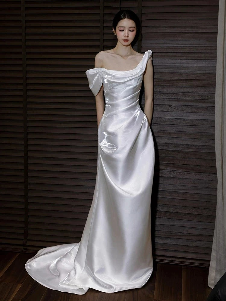 Unique Mermaid Off The Shoulder Pleats Satin Short Sleeves Wedding Dresses Brides Dress SD2098