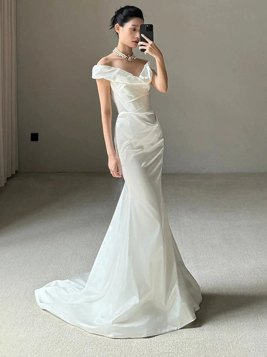 Unique Mermaid Off The Shoulder Pleats Satin Short Sleeves Wedding Dresses Brides Dress SD2099