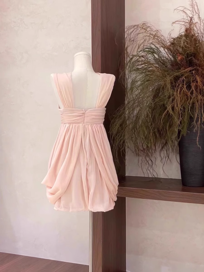 Sexy A Line Ruffled Chiffon Pink Short Women's Holiday Dresses SD209