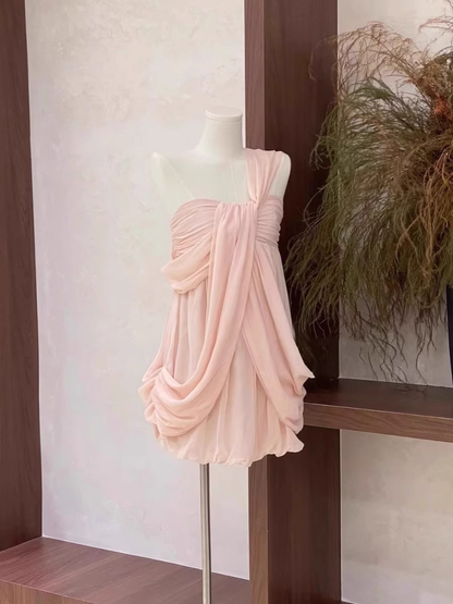 Sexy A Line Ruffled Chiffon Pink Short Women's Holiday Dresses SD209