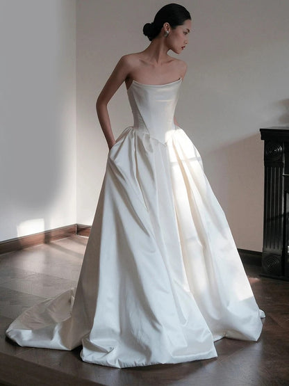 Unique Ball Gown Strapless Neckline Long White Satin Wedding Dresses SD2100