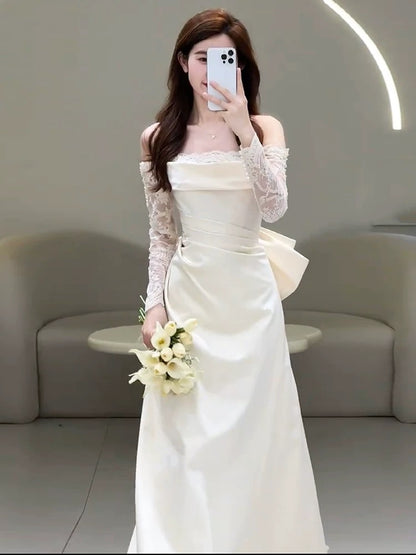 Unique Mermaid Off The Shoulder Pleats Satin Long Sleeves Wedding Dresses Brides Dress SD2102