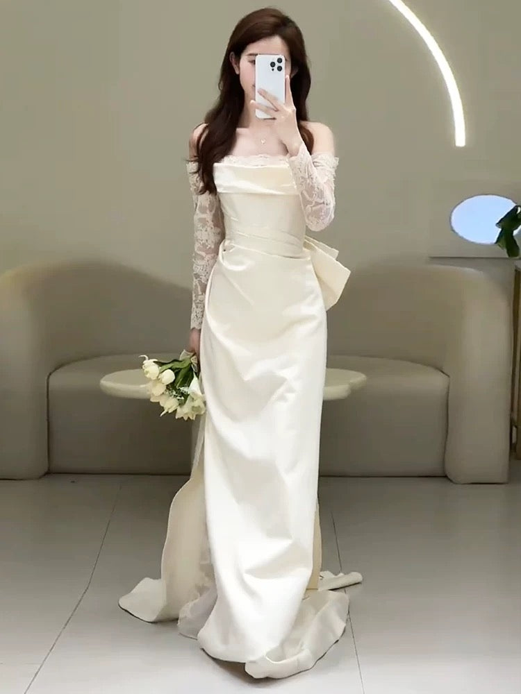 Unique Mermaid Off The Shoulder Pleats Satin Long Sleeves Wedding Dresses Brides Dress SD2102