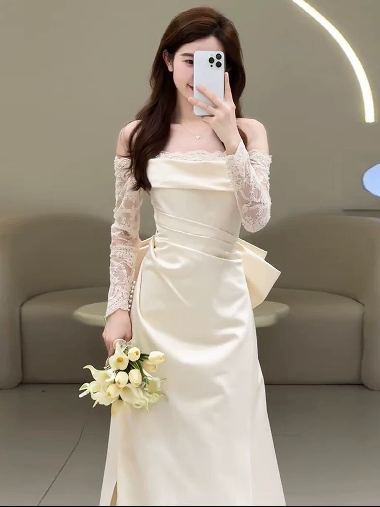 Unique Mermaid Off The Shoulder Pleats Satin Long Sleeves Wedding Dresses Brides Dress SD2102