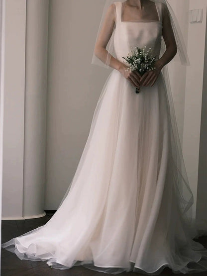 Unique Ball Gown Straps Neckline Long White Tulle Wedding Dresses SD2103