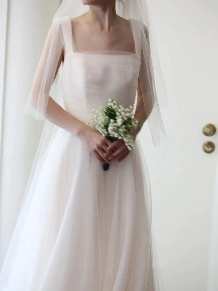 Unique Ball Gown Straps Neckline Long White Tulle Wedding Dresses SD2103