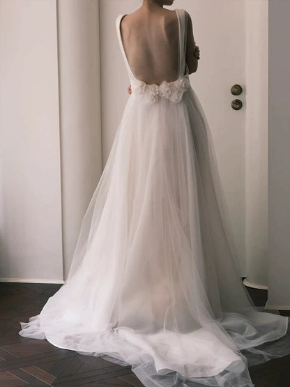 Unique Ball Gown Straps Neckline Long White Tulle Wedding Dresses SD2103