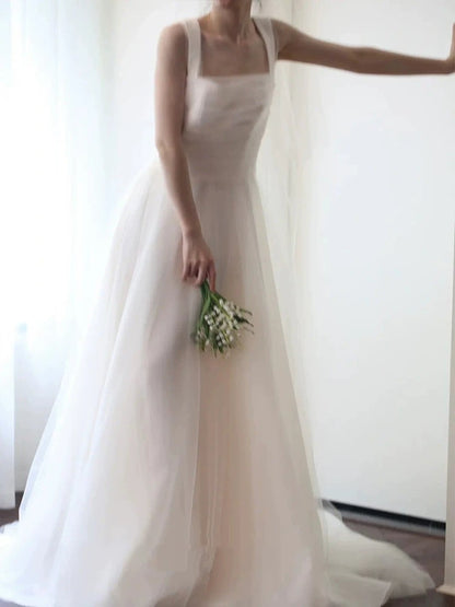 Unique Ball Gown Straps Neckline Long White Tulle Wedding Dresses SD2103