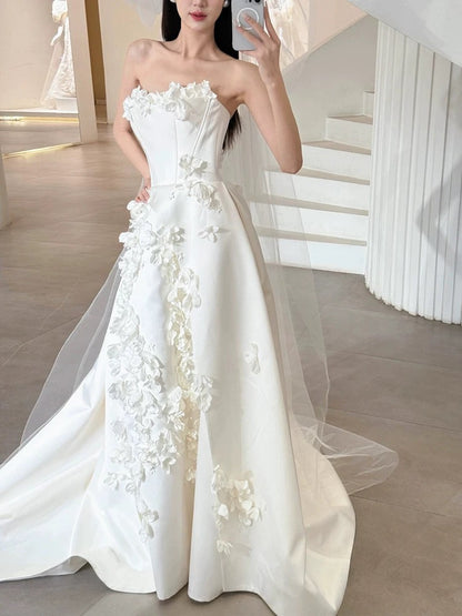 Unique Ball Gown Strapless Neckline Long White Satin Floral Wedding Dresses SD2108