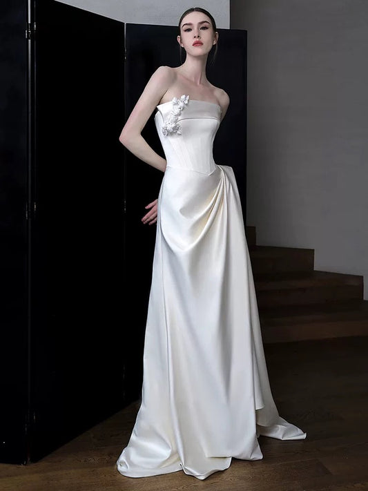 Unique Sheath Strapless Neckline Long White Satin Floral Wedding Dresses SD2109