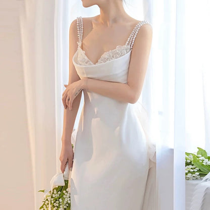 Unique Mermaid Straps Backless Pearls Pleats White Satin Wedding Dresses SD2110