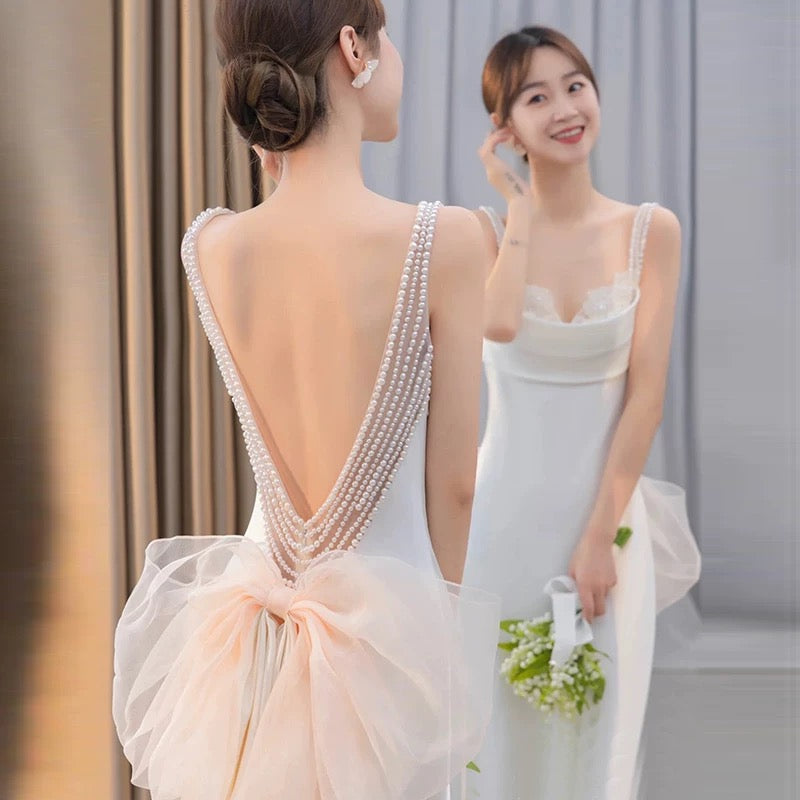 Unique Mermaid Straps Backless Pearls Pleats White Satin Wedding Dresses SD2110