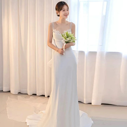 Unique Mermaid Straps Backless Pearls Pleats White Satin Wedding Dresses SD2110