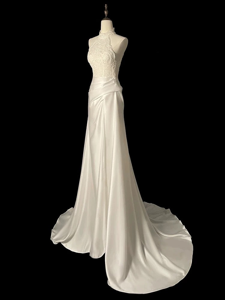 Unique Sheath High Neckline Satin Lace Ivory Wedding Dresses SD2114