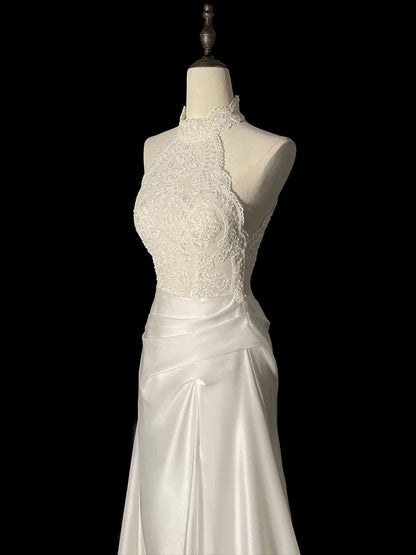 Unique Sheath High Neckline Satin Lace Ivory Wedding Dresses SD2114