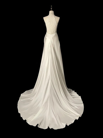 Unique Sheath High Neckline Satin Lace Ivory Wedding Dresses SD2114