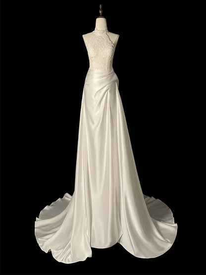 Unique Sheath High Neckline Satin Lace Ivory Wedding Dresses SD2114