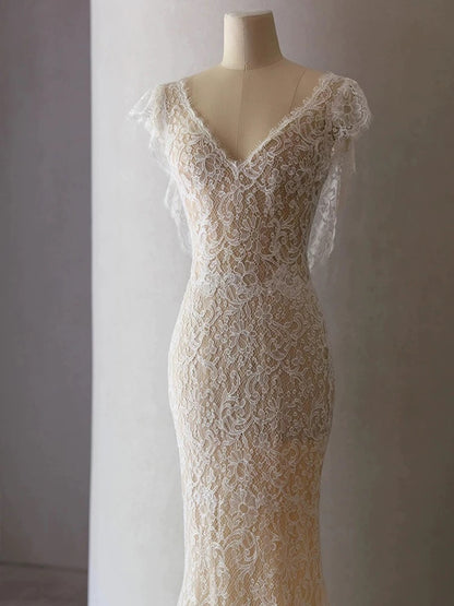 Unique Sheath V Neckline Cap Sleeves Lace Ivory Wedding Dresses SD2115