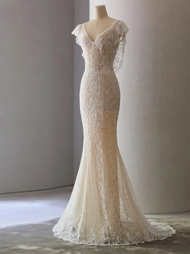 Unique Sheath V Neckline Cap Sleeves Lace Ivory Wedding Dresses SD2115