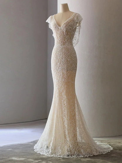 Unique Sheath V Neckline Cap Sleeves Lace Ivory Wedding Dresses SD2115