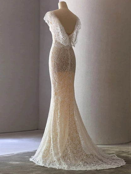 Unique Sheath V Neckline Cap Sleeves Lace Ivory Wedding Dresses SD2115