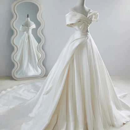 Unique Ball Gown Off The Shoulder Long White Satin Wedding Dresses SD2117