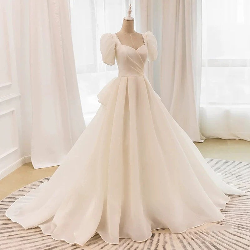 Unique Ball Gown Sweetheart Short Sleeves Long White Wedding Dresses SD2119