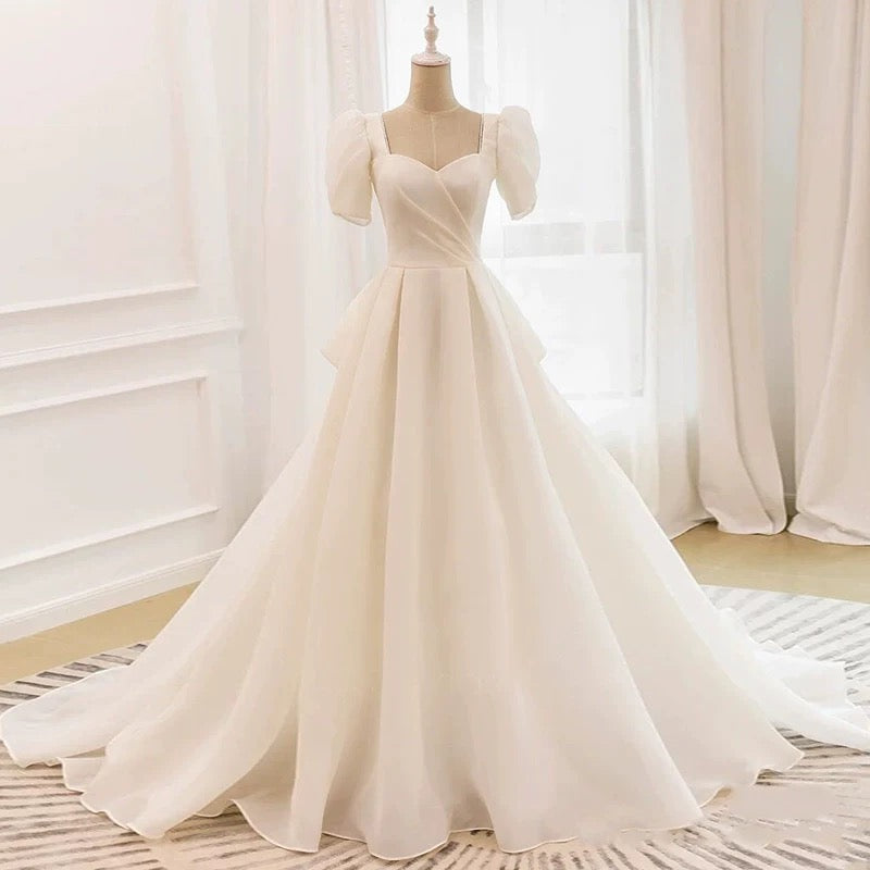 Unique Ball Gown Sweetheart Short Sleeves Long White Wedding Dresses SD2119