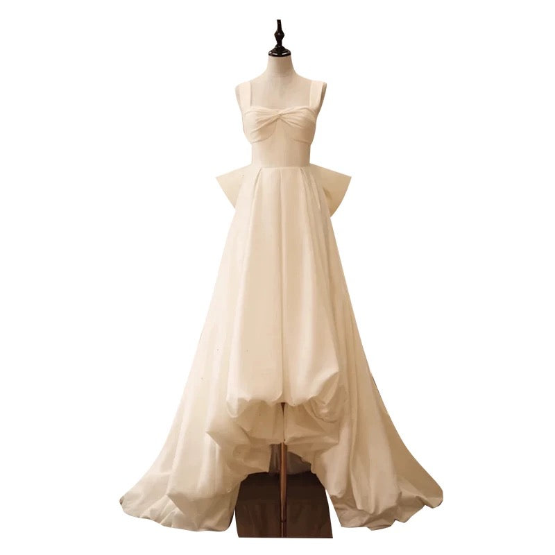 Timeless High Low Square Neckline Long White Satin Wedding Dresses SD2120