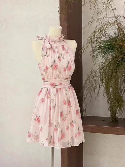 Cute A line Scoop Pink Chiffon Flora Holiday Dresses Short Birthday Dress SD212