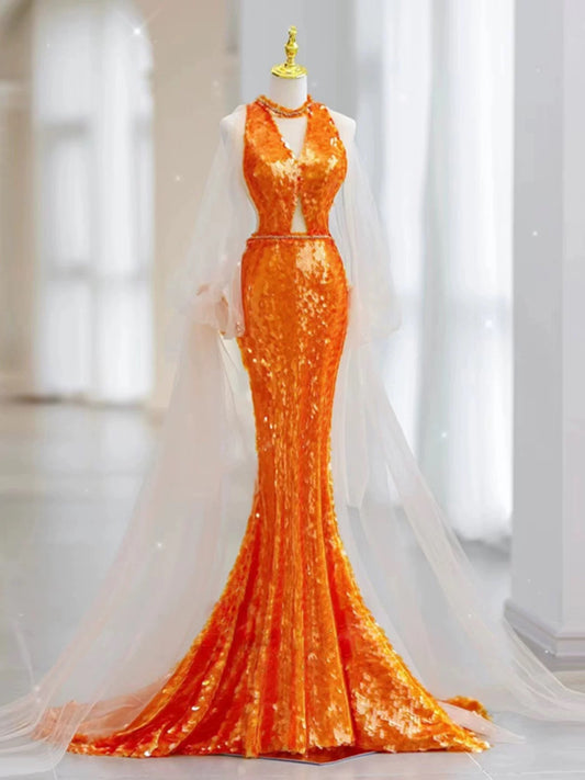 Pretty Mermaid Scoop Orange Sequin Long Prom Dress Evening Dress Formal Dress SD2136