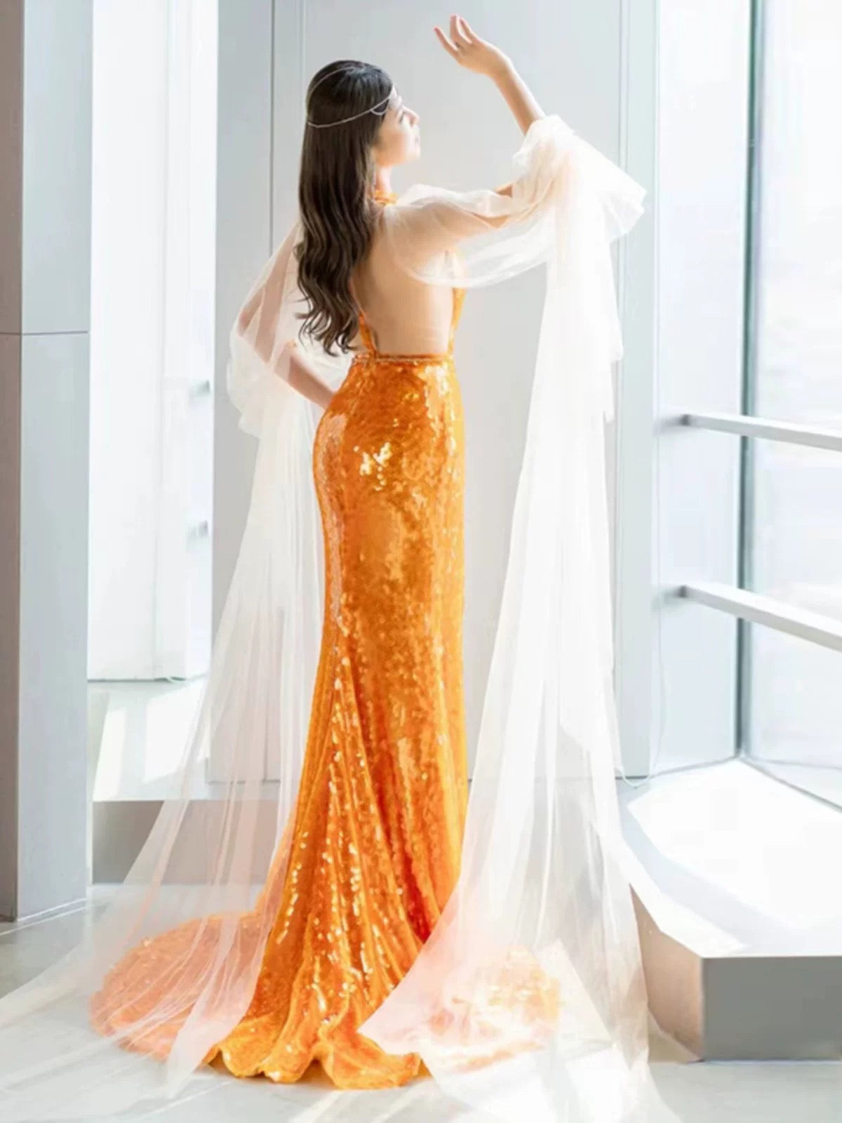 Pretty Mermaid Scoop Orange Sequin Long Prom Dress Evening Dress Formal Dress SD2136