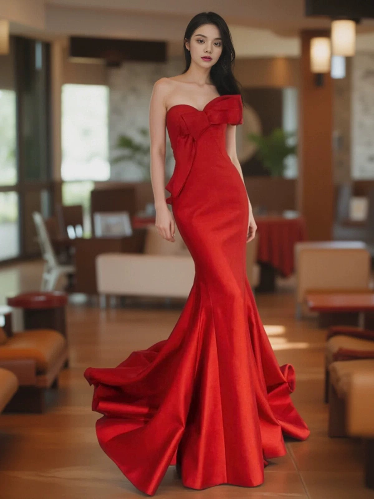 Pretty Mermaid Sweetheart Satin Long Red Prom Dress Evening Dress Formal Dress SD2137