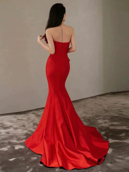 Pretty Mermaid Sweetheart Satin Long Red Prom Dress Evening Dress Formal Dress SD2137