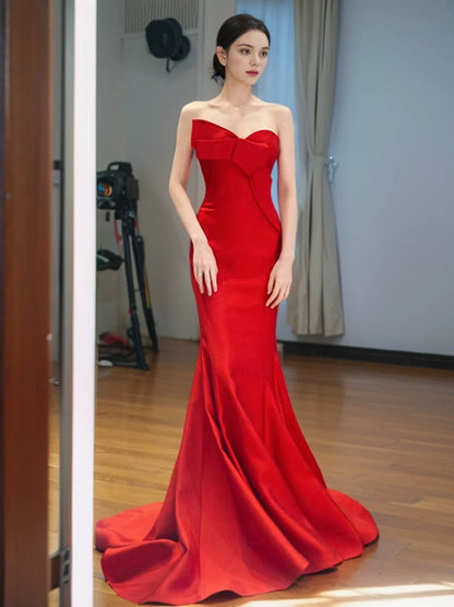 Pretty Mermaid Sweetheart Satin Long Red Prom Dress Evening Dress Formal Dress SD2137