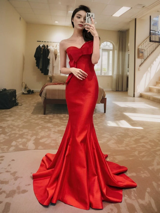 Pretty Mermaid Sweetheart Satin Long Red Prom Dress Evening Dress Formal Dress SD2137