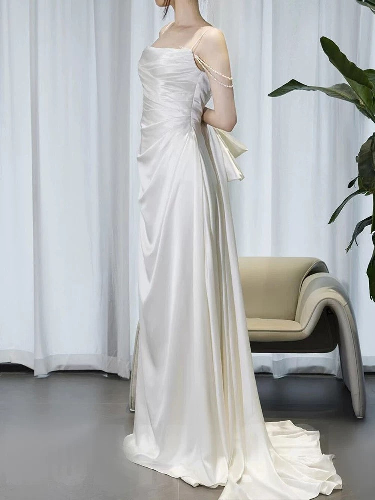 Timeless A line Spaghetti Straps White Satin Long Wedding Dresses SD2140