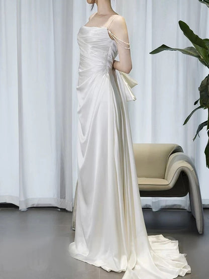 Timeless A line Spaghetti Straps White Satin Long Wedding Dresses SD2140