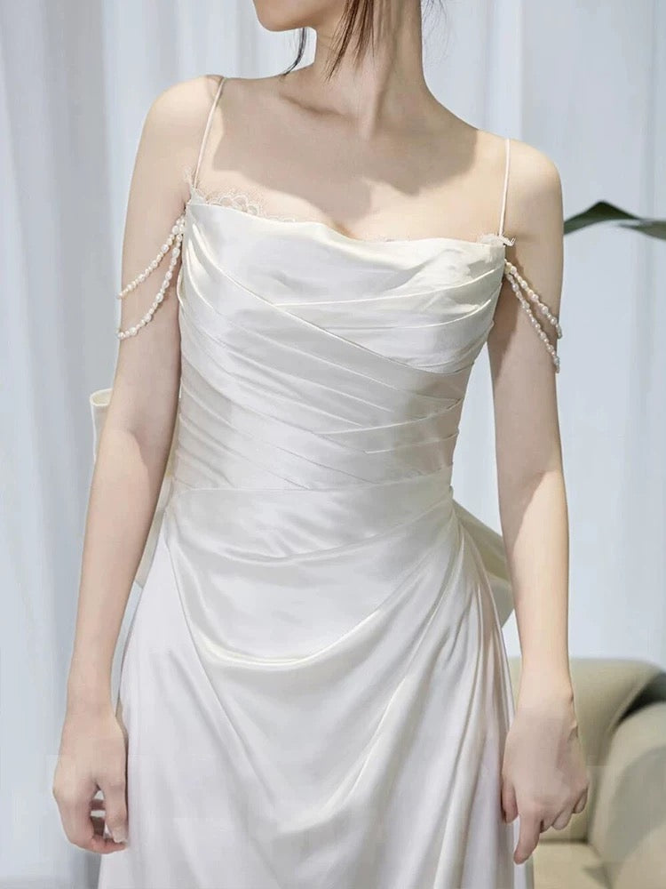 Timeless A line Spaghetti Straps White Satin Long Wedding Dresses SD2140