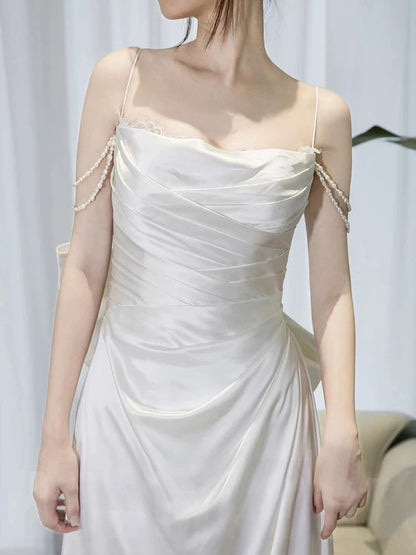 Timeless A line Spaghetti Straps White Satin Long Wedding Dresses SD2140