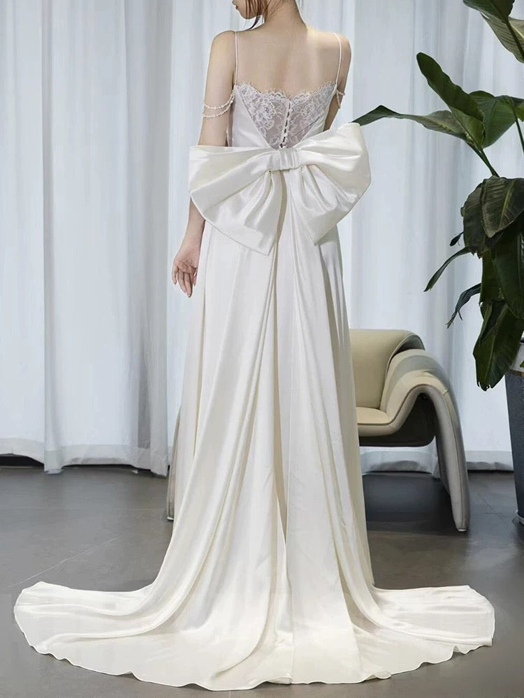 Timeless A line Spaghetti Straps White Satin Long Wedding Dresses SD2140